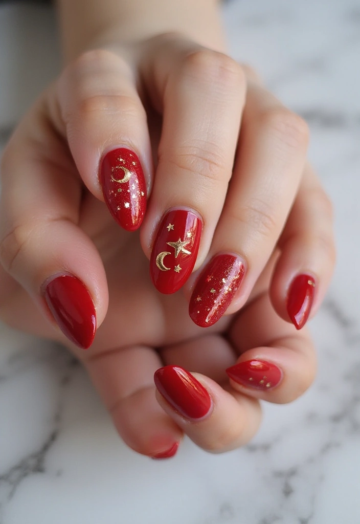30 Red Acrylic Nail Ideas for Fiery - 28. Celestial Motifs