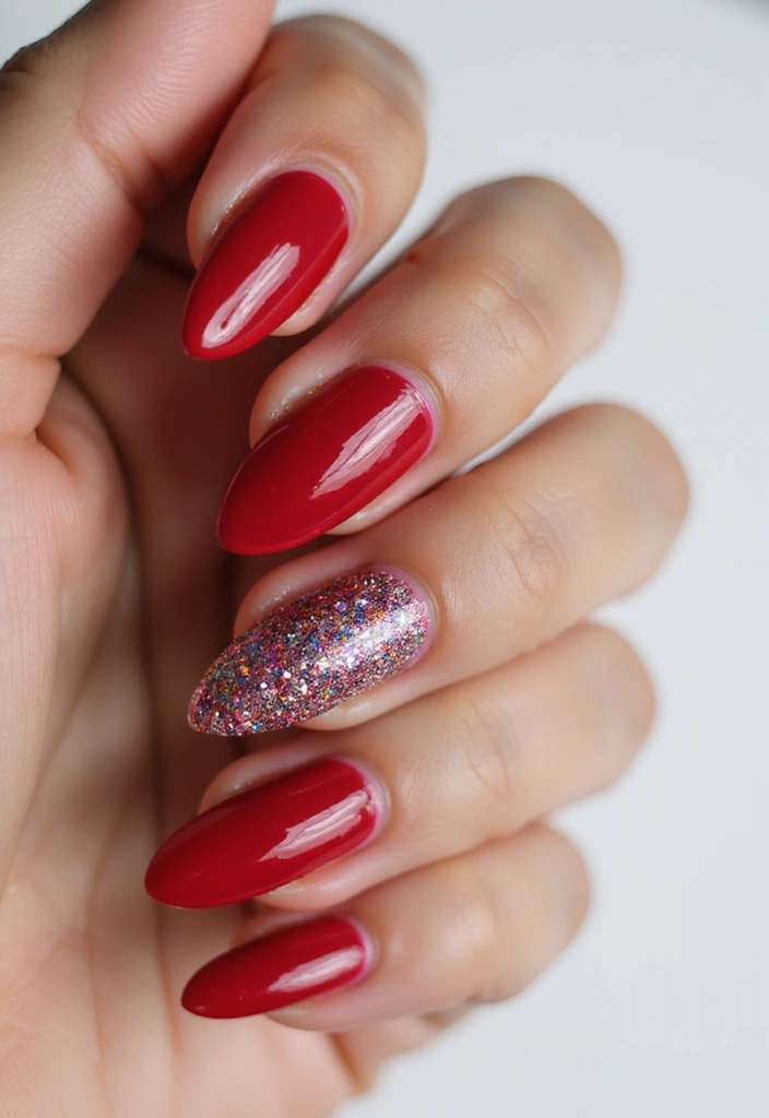 30 Red Acrylic Nail Ideas for Fiery - 3. Glittering Accent Nails