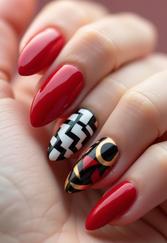 30 Red Acrylic Nail Ideas for Fiery - 7. Bold Geometric Designs
