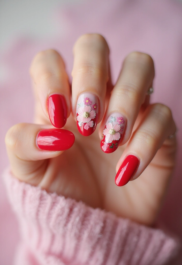 30 Red Acrylic Nail Ideas for Fiery - 8. Floral Red Accents