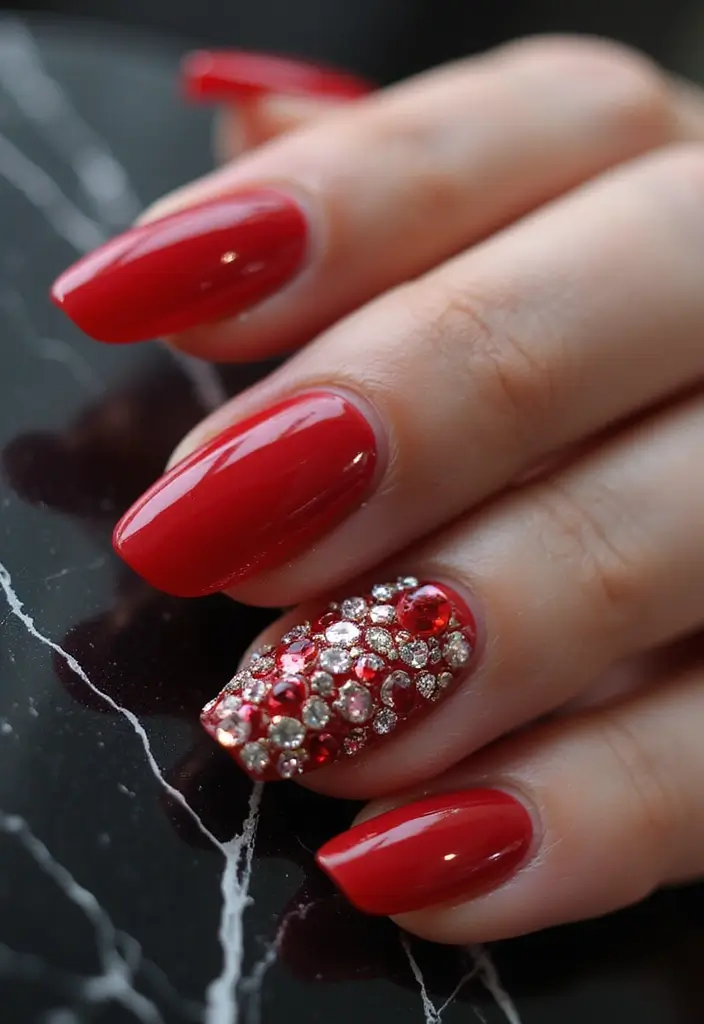 30 Red Acrylic Nail Ideas for Fiery - 9. Rhinestone Accents