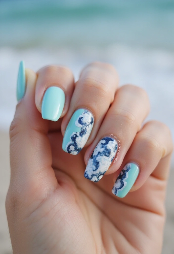 30 Serene Blue Nail Design Ideas for Cool - 20. Ocean Breeze Swirls
