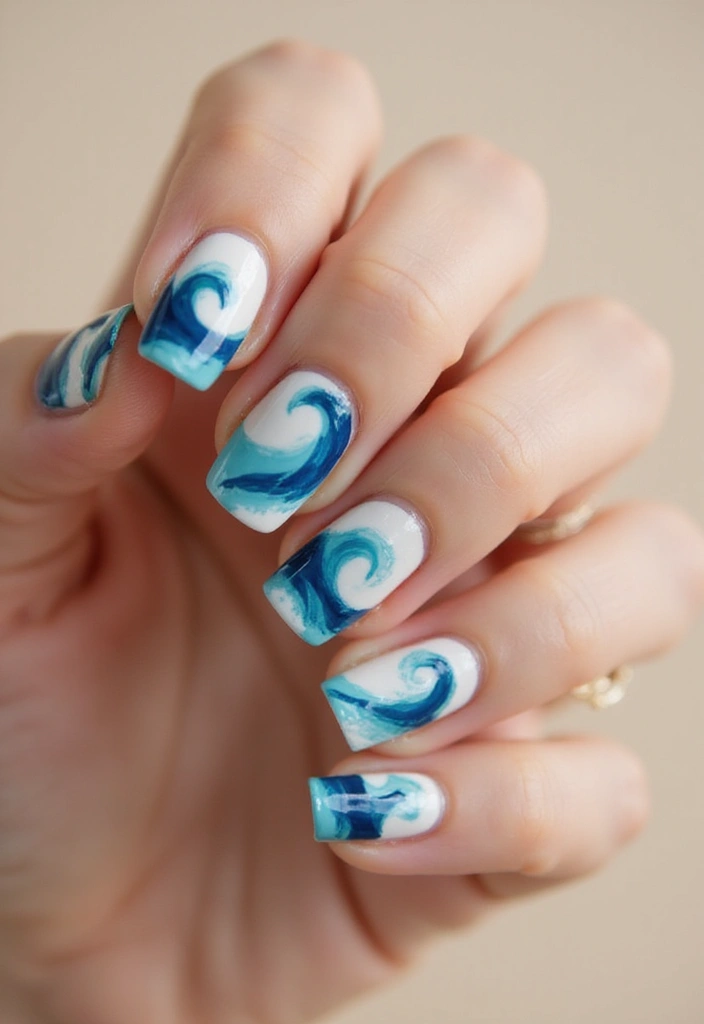 30 Serene Blue Nail Design Ideas for Cool - 21. Wave Nail Art