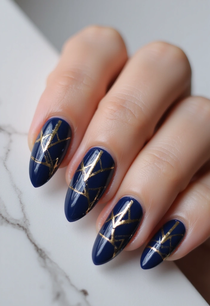 30 Serene Blue Nail Design Ideas for Cool - 22. Blue & Gold Fusion
