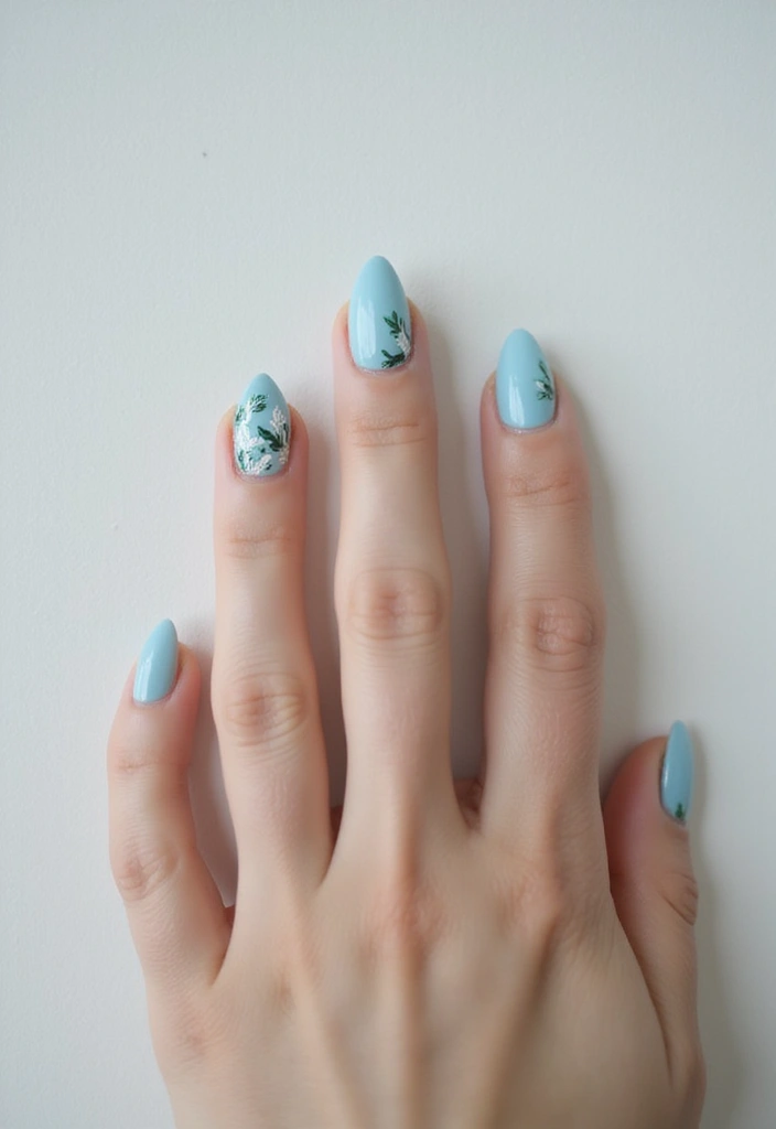 30 Serene Blue Nail Design Ideas for Cool - 26. Blue Leaf Patterns
