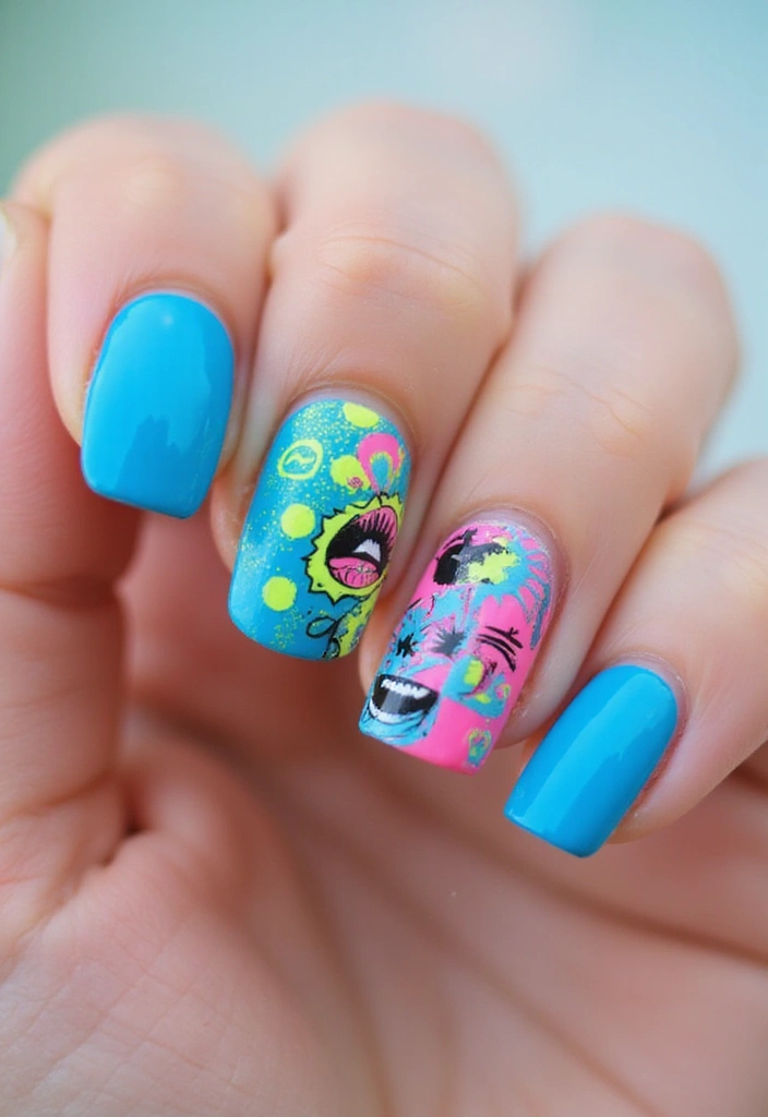 30 Serene Blue Nail Design Ideas for Cool - 29. Blue Pop Art