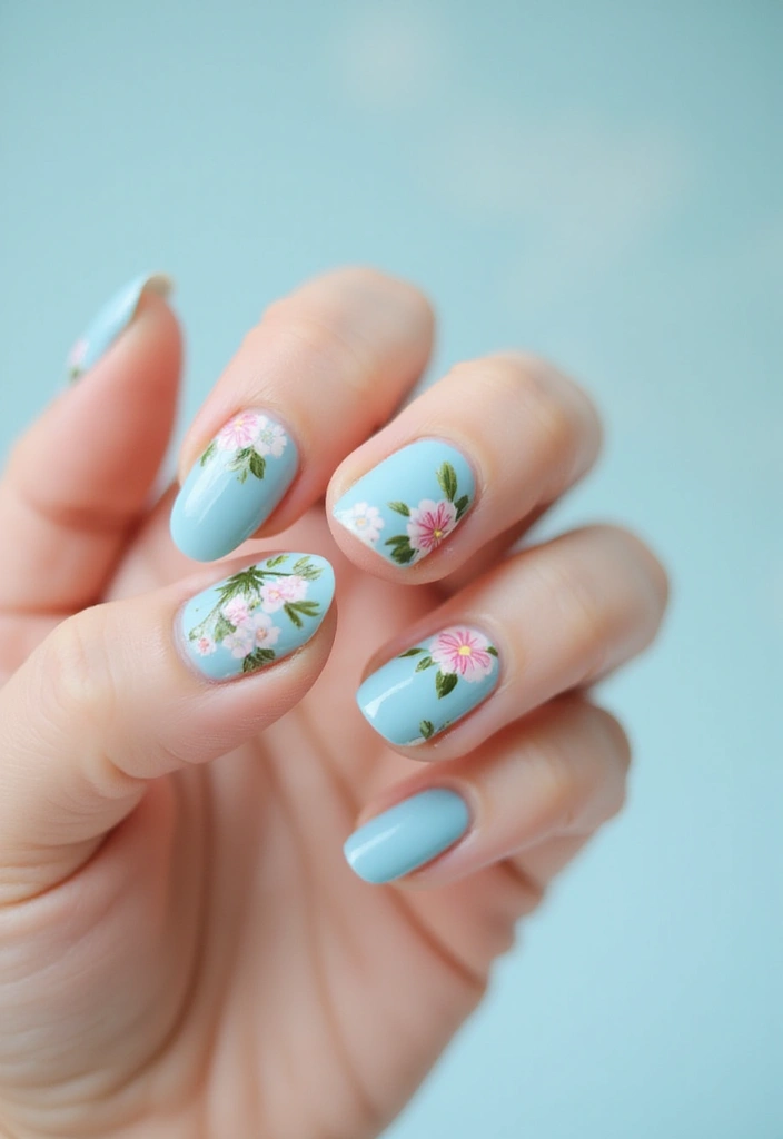 30 Serene Blue Nail Design Ideas for Cool - 9. Blue Floral Accents