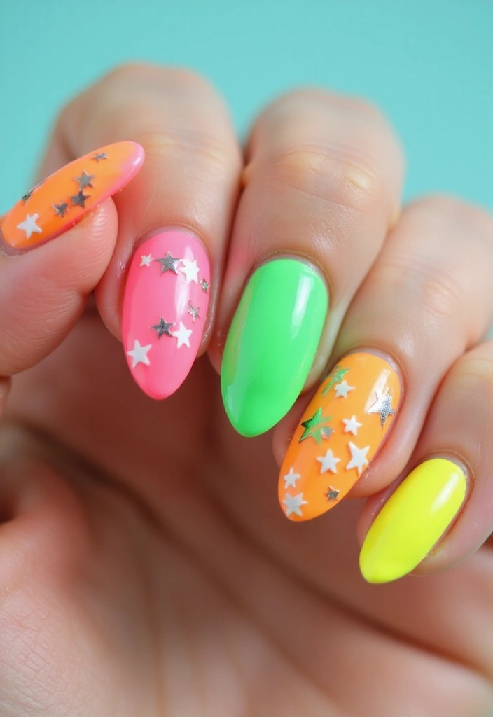 30 Twinkling Nails with Stars for Celestial - 5. Neon Star Showers
