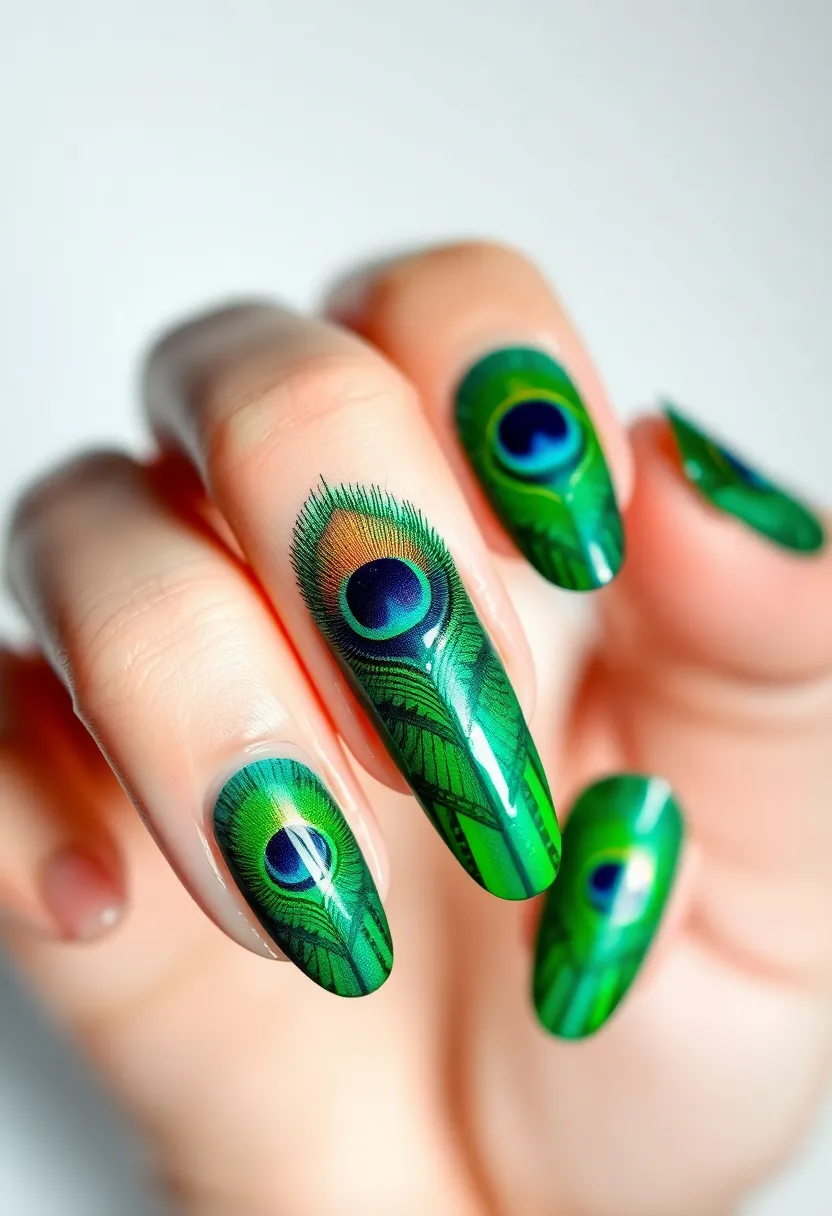 30 Vibrant Latina-Inspired Nail Ideas for Cultural Festivals: Fiery Flair - 24. Colorful Peacocks