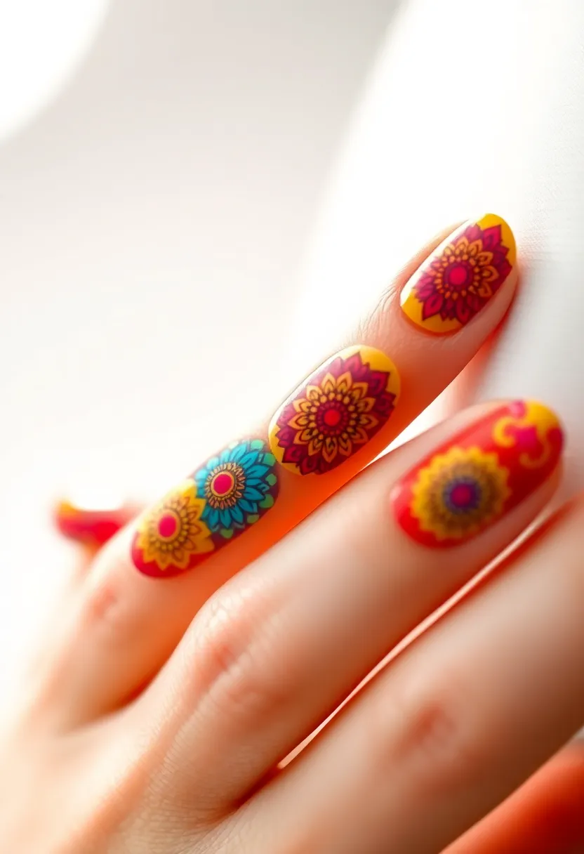 30 Vibrant Latina-Inspired Nail Ideas for Cultural Festivals: Fiery Flair - 30. Vibrant Mandalas