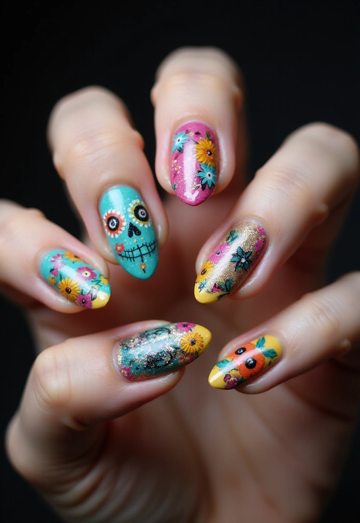 30 Vibrant Latina-Inspired Nail Ideas for Cultural Festivals: Fiery Flair - 4. Dia de los Muertos Inspiration