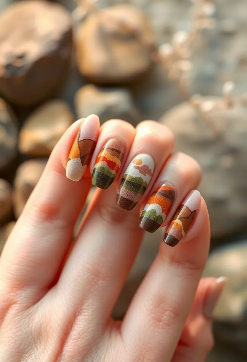 30 Warm Brown Nail Ideas for Earthy Elegance - 10. Abstract Landscape Nail Art