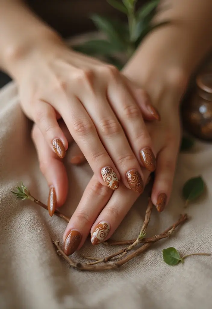 30 Warm Brown Nail Ideas for Earthy Elegance - 26. Warm Brown Spirals