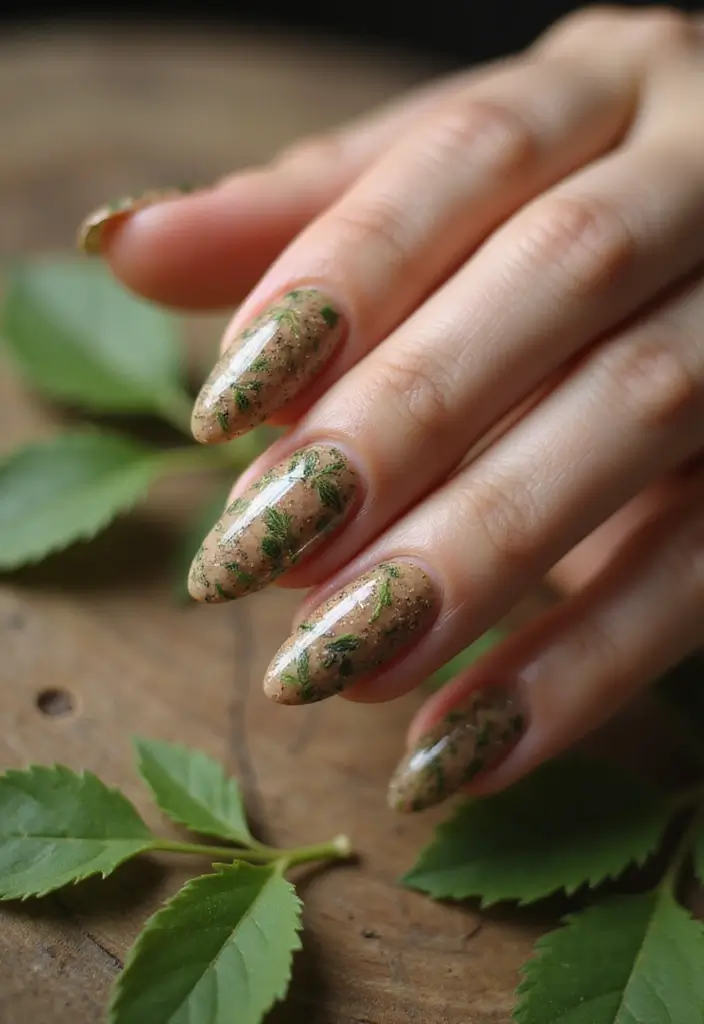 30 Warm Brown Nail Ideas for Earthy Elegance - 28. Leafy Motif
