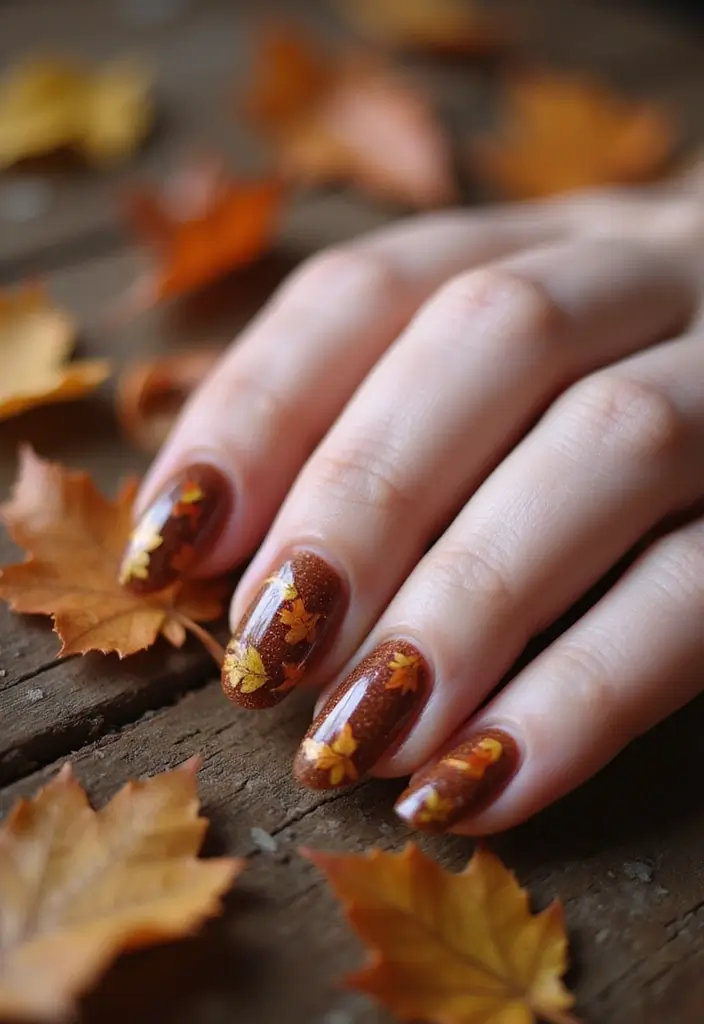 30 Warm Brown Nail Ideas for Earthy Elegance - 30. Autumn Leaf Accents