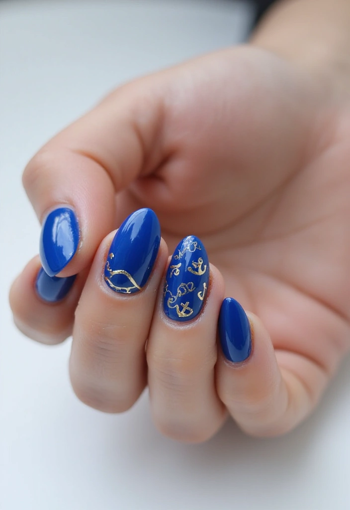 35 Almond Acrylic Nail Ideas for Curved - 15. Classic Blue Elegance