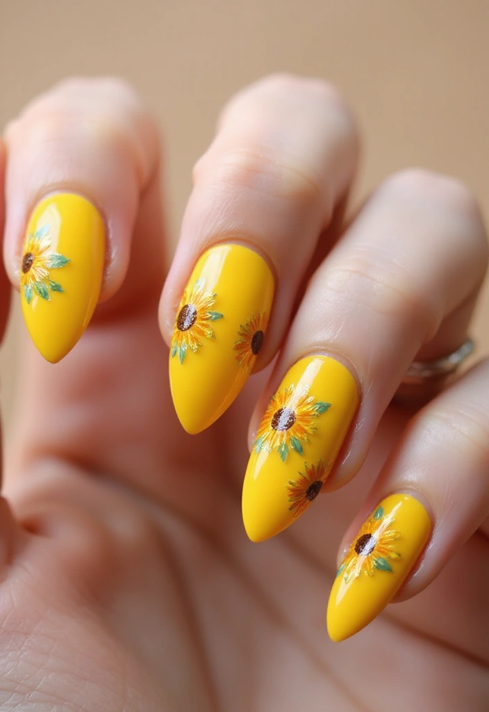 35 Almond Acrylic Nail Ideas for Curved - 19. Sunflower Delight
