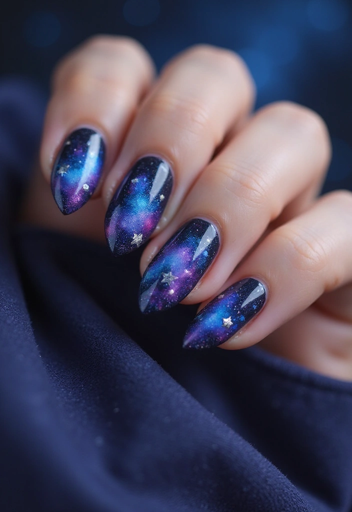 35 Almond Acrylic Nail Ideas for Curved - 35. Midnight Galaxy