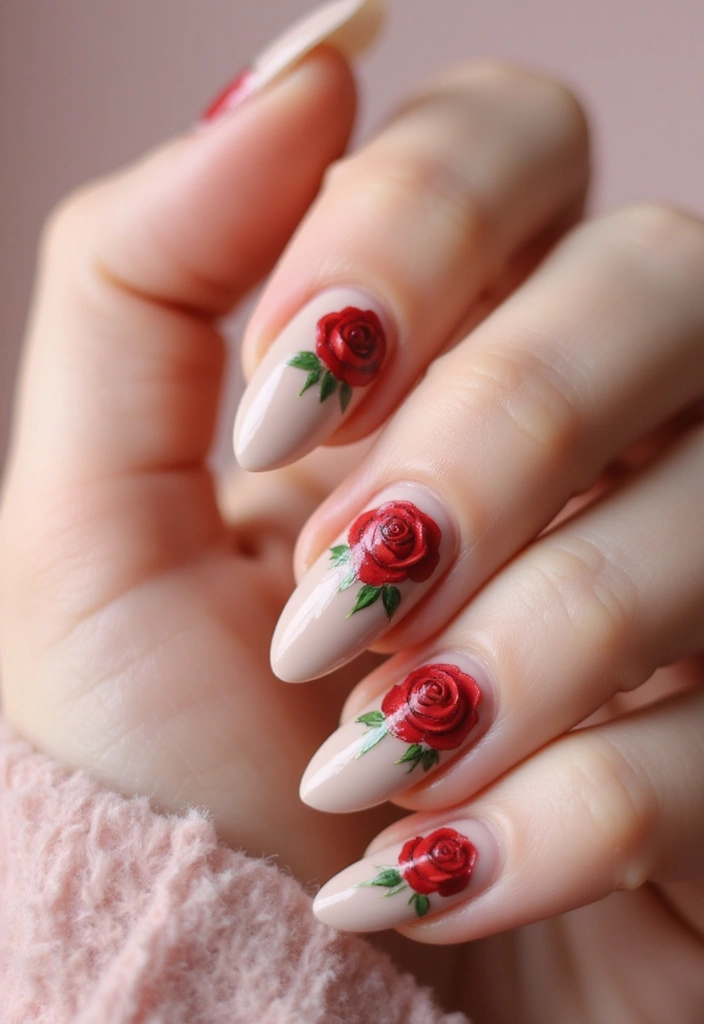 35 Almond Acrylic Nail Ideas for Curved - 6. Romantic Red Roses