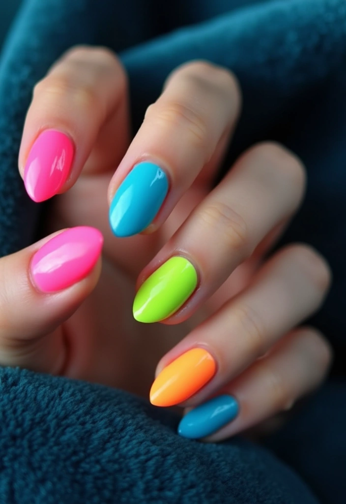 35 Almond Nail Design Ideas for Graceful - 20. Neon Brights