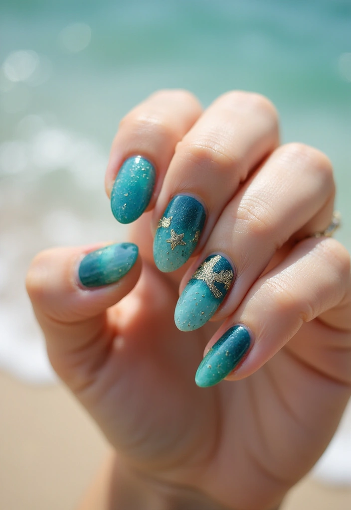 35 Almond Nail Design Ideas for Graceful - 28. Sea-Inspired Nails
