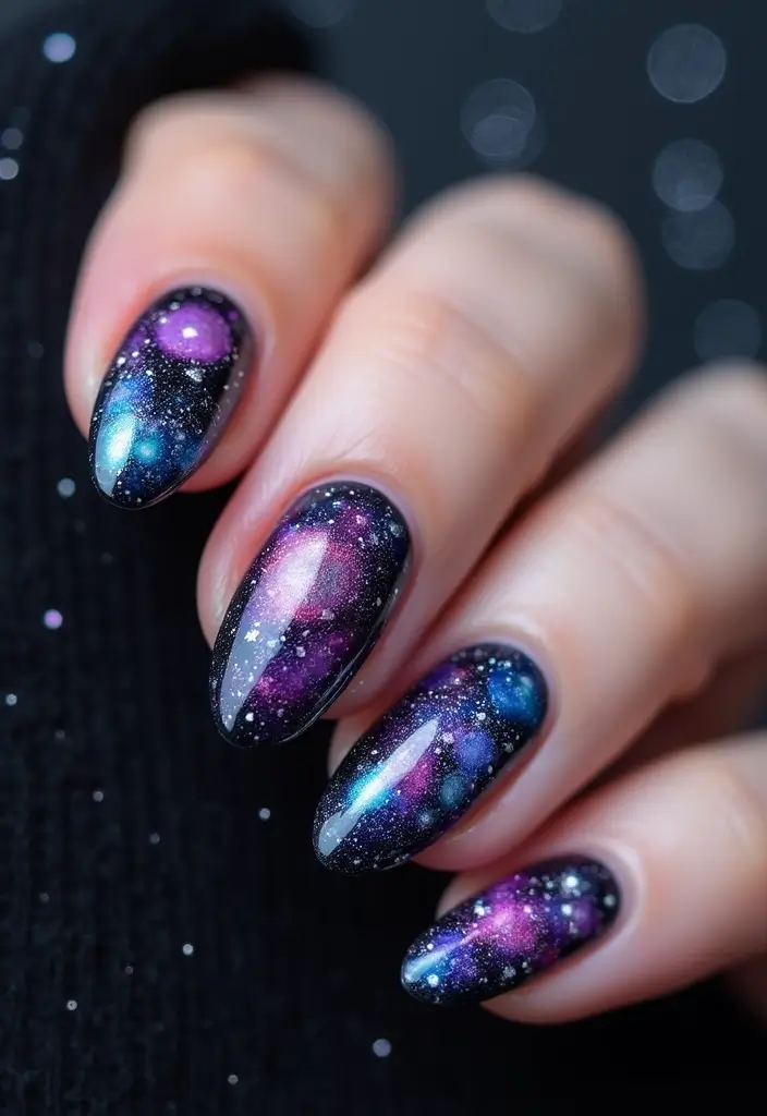 35 Almond Nail Design Ideas for Graceful - 32. Cosmic Themes