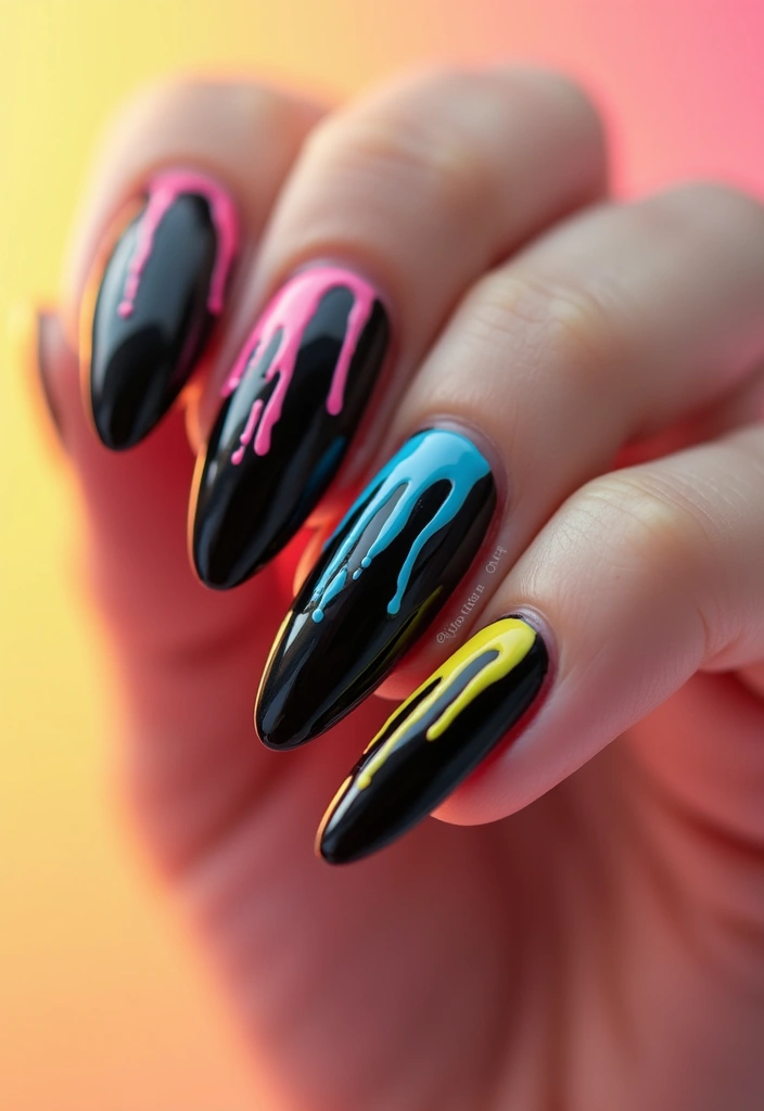 35 Black Acrylic Nail Ideas for Edgy: Mysterious Allure - 13. Artistic Drips