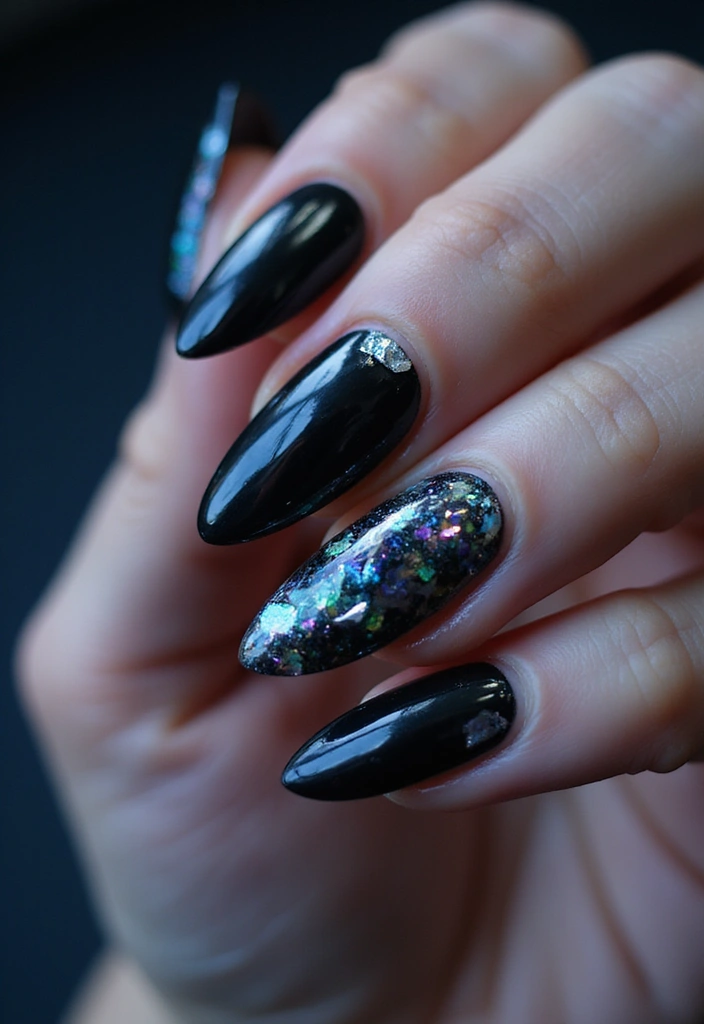 35 Black Acrylic Nail Ideas for Edgy: Mysterious Allure - 15. Holographic Shards