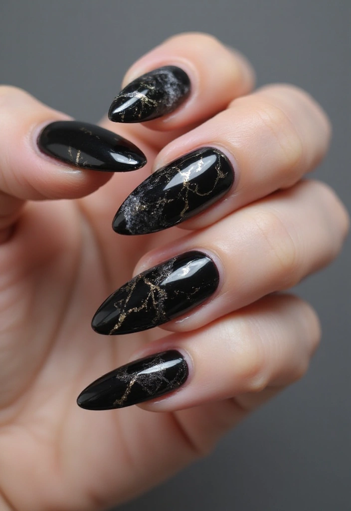 35 Black Acrylic Nail Ideas for Edgy: Mysterious Allure - 17. Dark Marble Effect