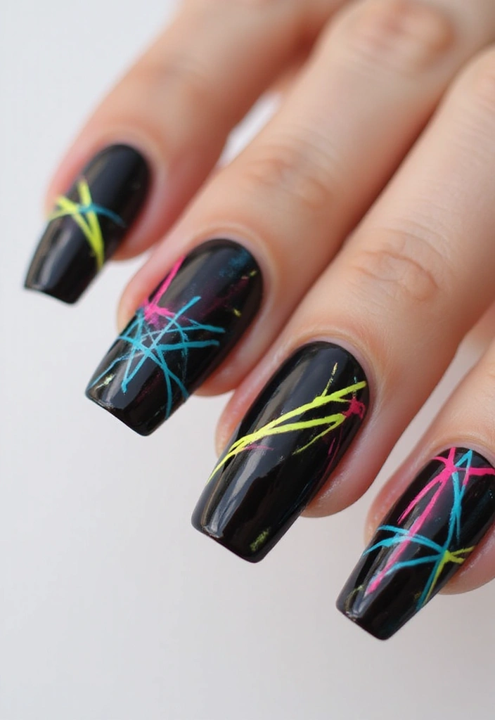 35 Black Acrylic Nail Ideas for Edgy: Mysterious Allure - 18. Colorful Abstract Lines