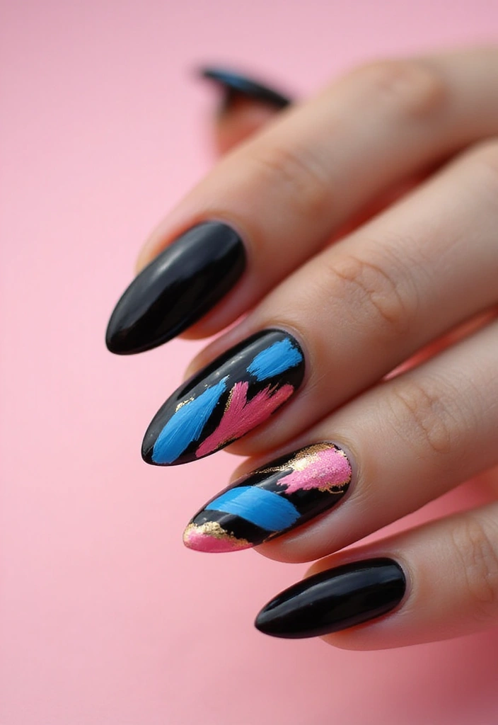 35 Black Acrylic Nail Ideas for Edgy: Mysterious Allure - 20. Artistic Brush Strokes