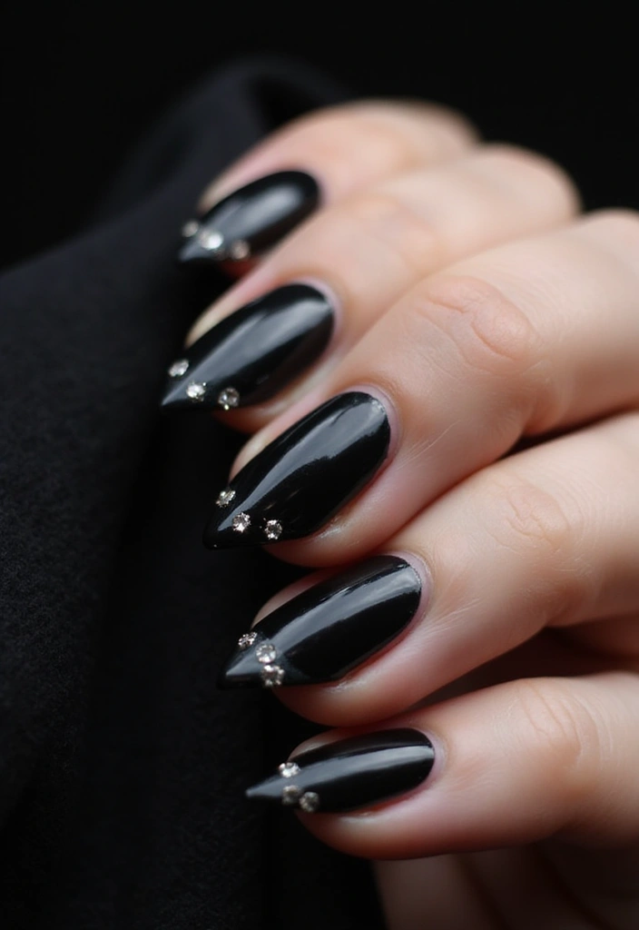 35 Black Acrylic Nail Ideas for Edgy: Mysterious Allure - 22. Dark Ombre with Gems