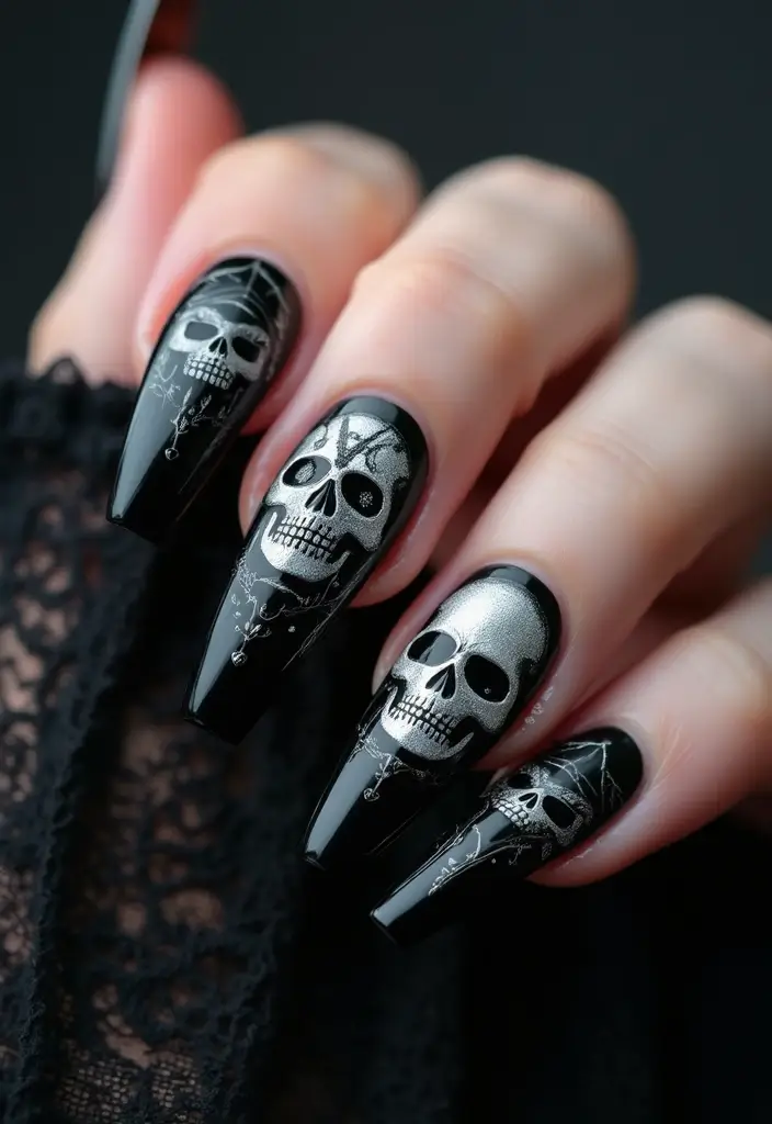 35 Black Acrylic Nail Ideas for Edgy: Mysterious Allure - 26. Gothic Skull Designs