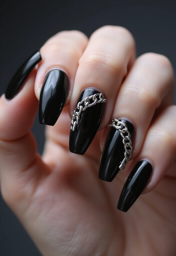 35 Black Acrylic Nail Ideas for Edgy: Mysterious Allure - 28. Shiny Chain Links