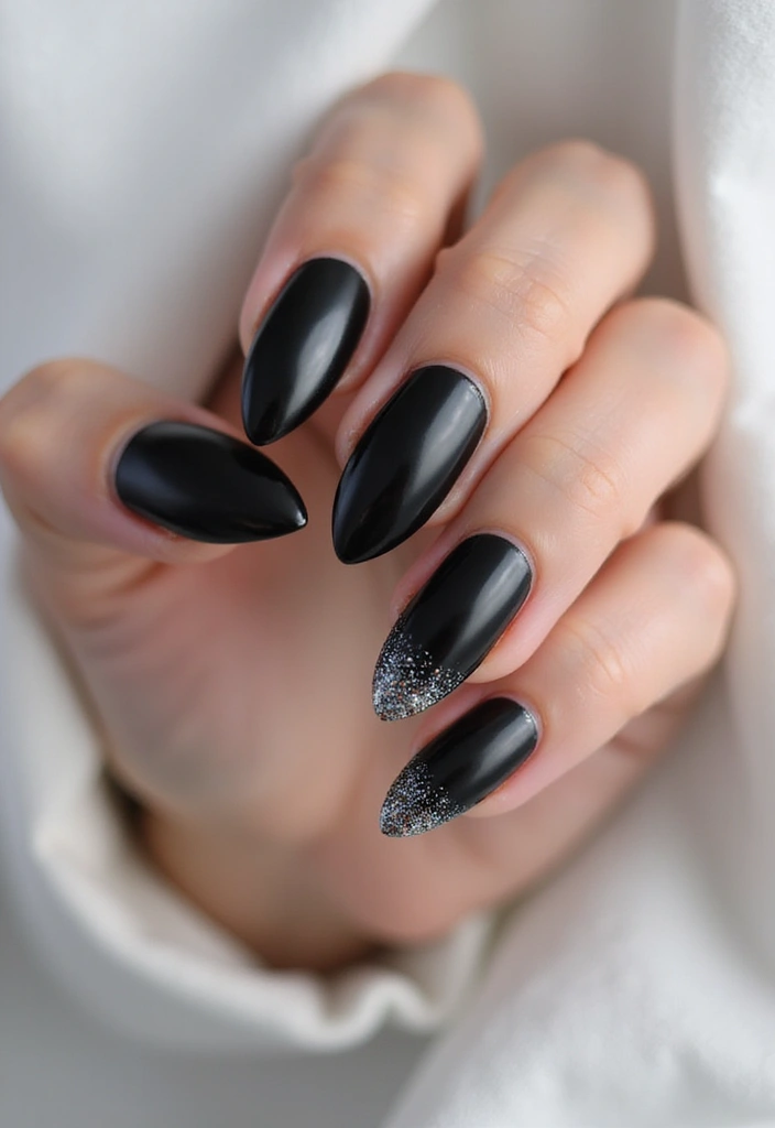35 Black Acrylic Nail Ideas for Edgy: Mysterious Allure - 3. Glitter Gradient