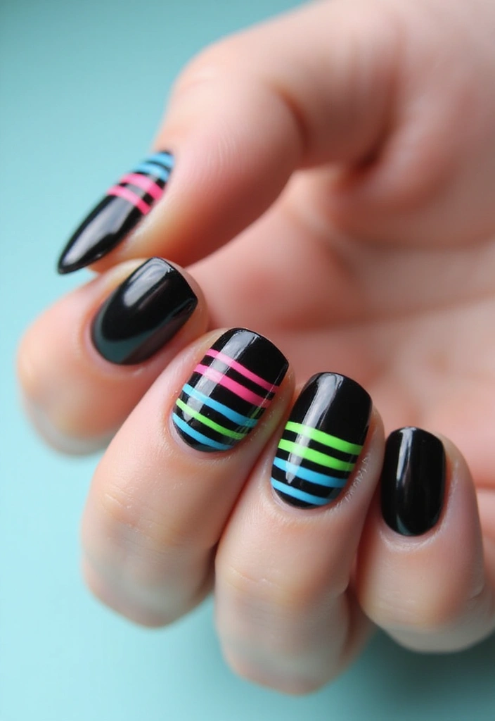 35 Black Acrylic Nail Ideas for Edgy: Mysterious Allure - 30. Bold Stripes