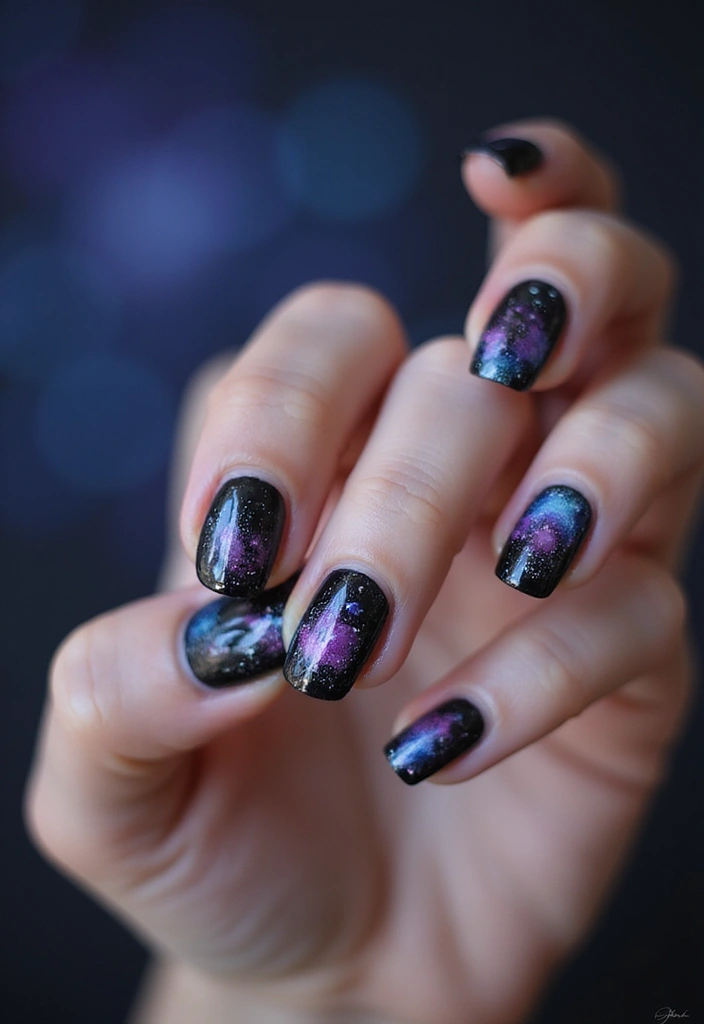 35 Black Acrylic Nail Ideas for Edgy: Mysterious Allure - 34. Artistic Galaxy Swirls