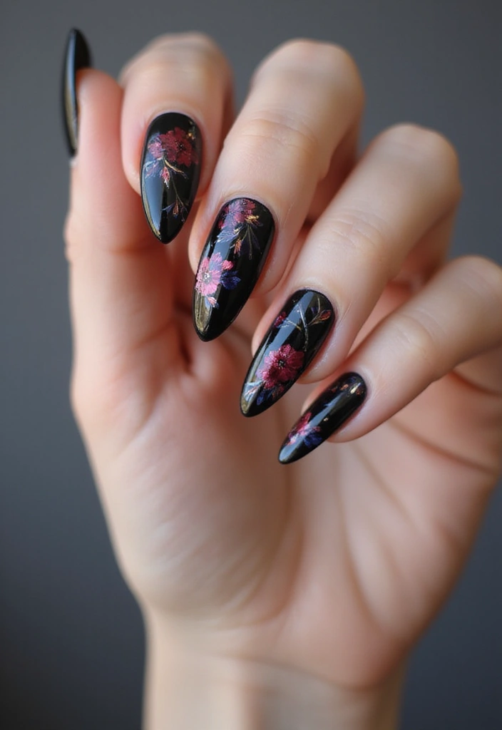 35 Black Acrylic Nail Ideas for Edgy: Mysterious Allure - 35. Dark Floral Watercolor