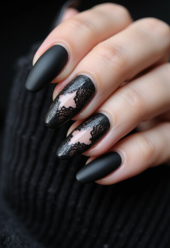 35 Black Acrylic Nail Ideas for Edgy: Mysterious Allure - 4. Gothic Lace Patterns