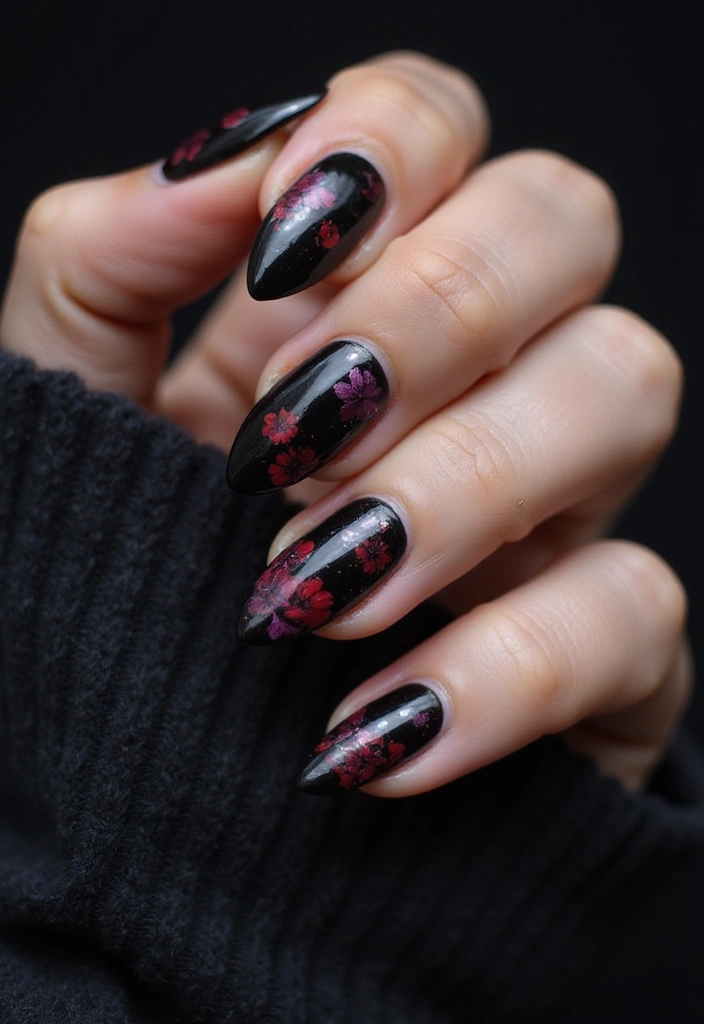 35 Black Acrylic Nail Ideas for Edgy: Mysterious Allure - 6. Dark Floral Accents