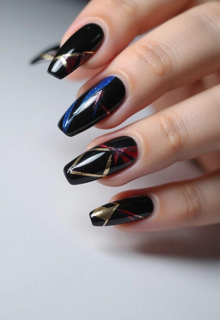 35 Black Acrylic Nail Ideas for Edgy: Mysterious Allure - 7. Sharp Geometric Designs