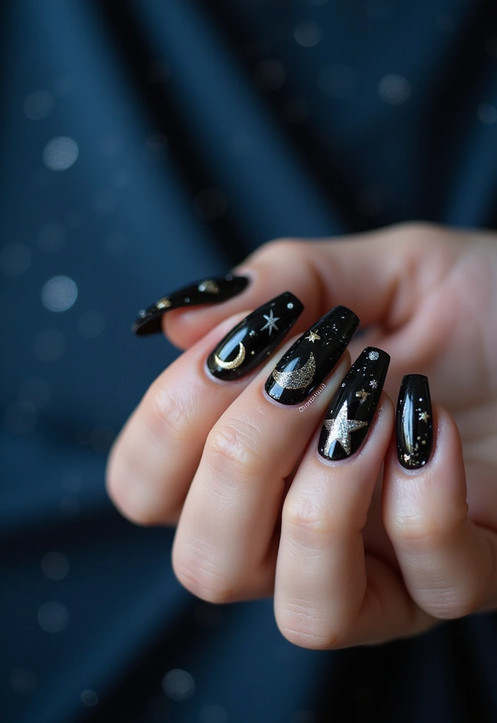 35 Black Acrylic Nail Ideas for Edgy: Mysterious Allure - 8. Celestial Nails