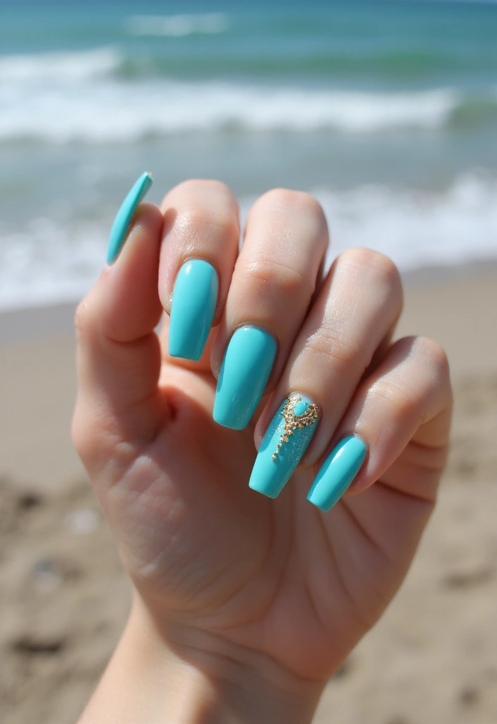 35 Bold Coffin Nail Ideas for Fierce Fashion-Forward Drama - 10. Turquoise and Gold