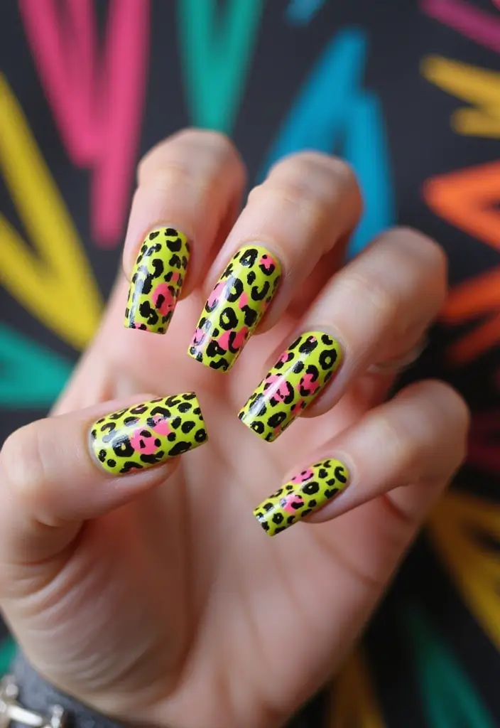 35 Bold Coffin Nail Ideas for Fierce Fashion-Forward Drama - 20. Daring Neon Leopard
