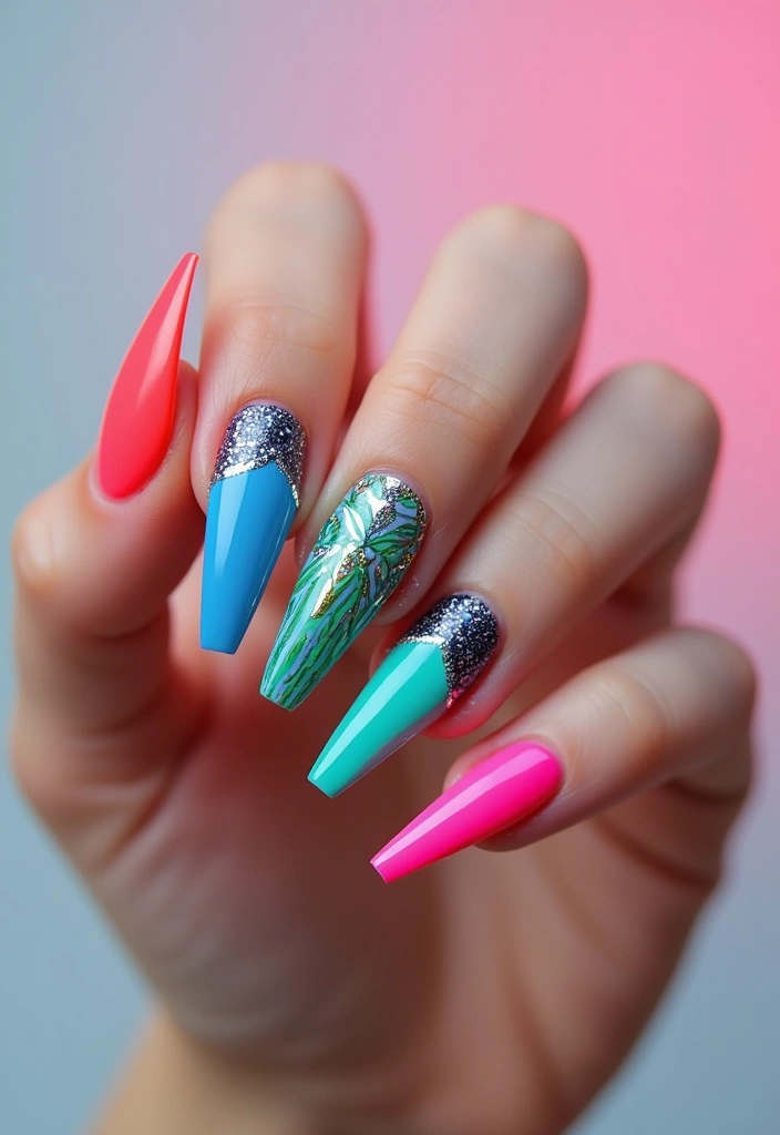 35 Coffin Nail Inspo for Edgy - 24. Vibrant Color Combos