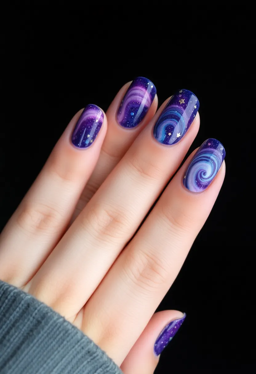 35 Cute Nail Ideas for Whimsical - 26. Cosmic Galaxy Swirls