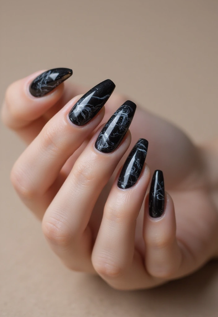 35 Edgy Coffin Nail Ideas for Dramatic Head-Turning Flair - 11. Dark Marble