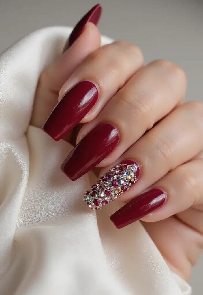 35 Edgy Coffin Nail Ideas for Dramatic Head-Turning Flair - 13. Crystal Accents