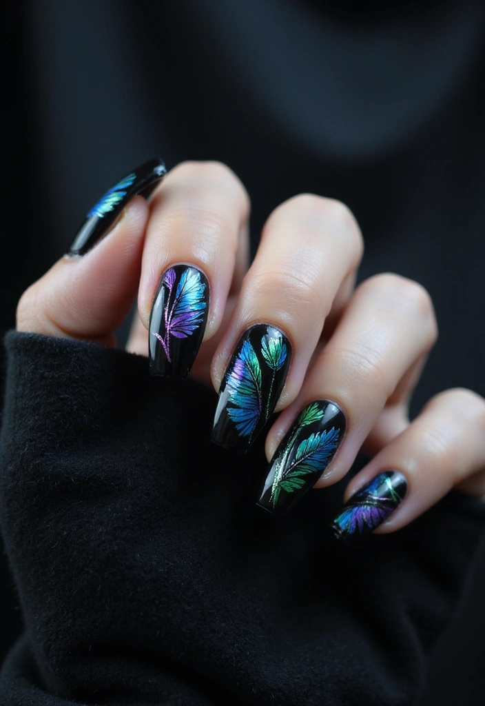 35 Edgy Coffin Nail Ideas for Dramatic Head-Turning Flair - 14. Raven Feathers
