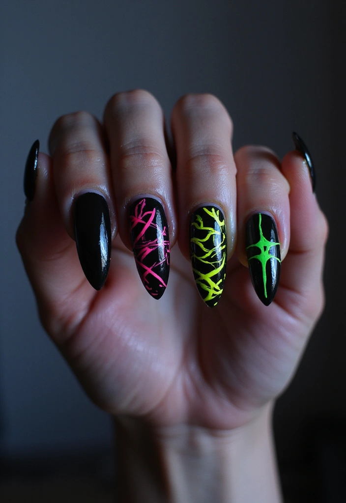 35 Edgy Coffin Nail Ideas for Dramatic Head-Turning Flair - 15. Neon Gothic